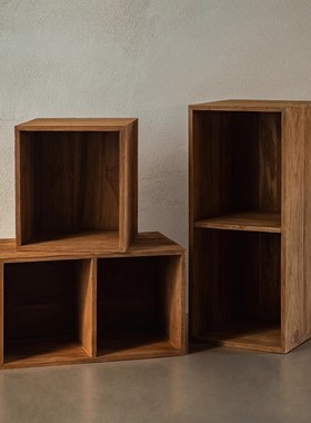 侘寂风方形木墩花架书架日式茶几边几复古置物架实木底座摆件