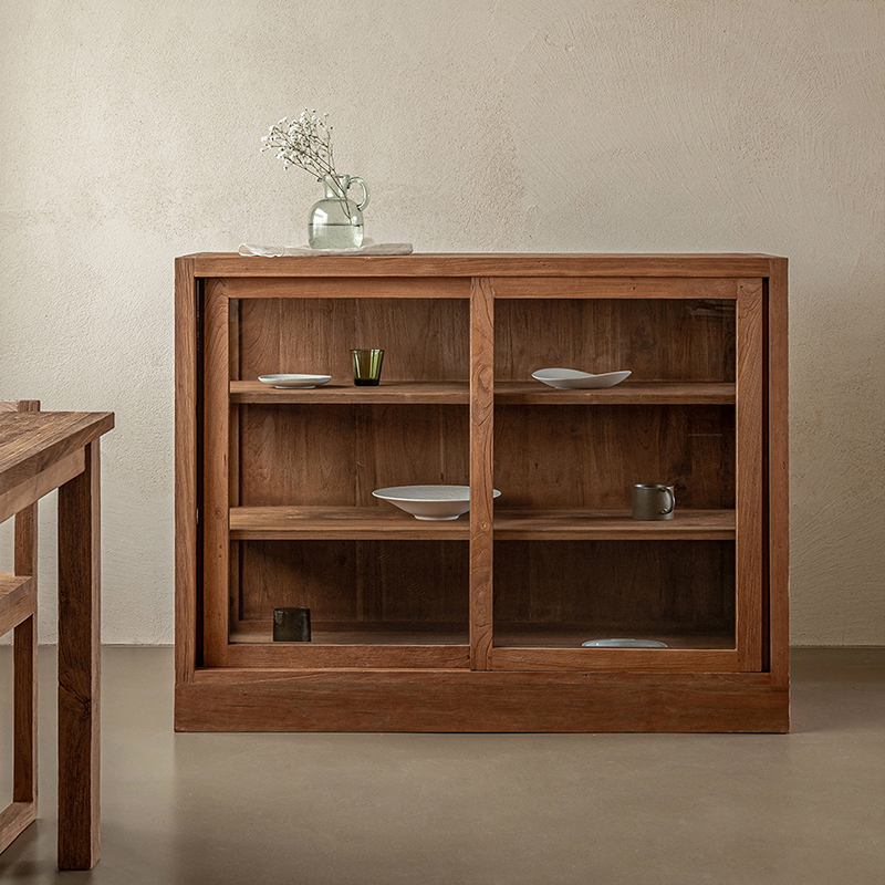 侘寂风榆木餐边柜实木客厅靠墙茶水柜民宿餐厅玻璃储物收纳柜