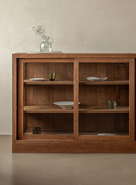 侘寂风榆木餐边柜实木客厅靠墙茶水柜民宿餐厅玻璃储物收纳柜