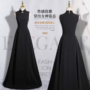 黑色旗袍领晚礼服裙女2025款