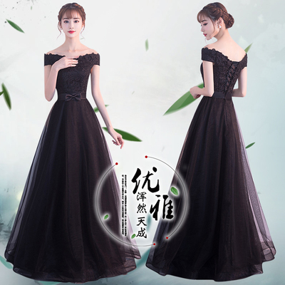 黑色时尚优雅风一字肩主持晚礼服