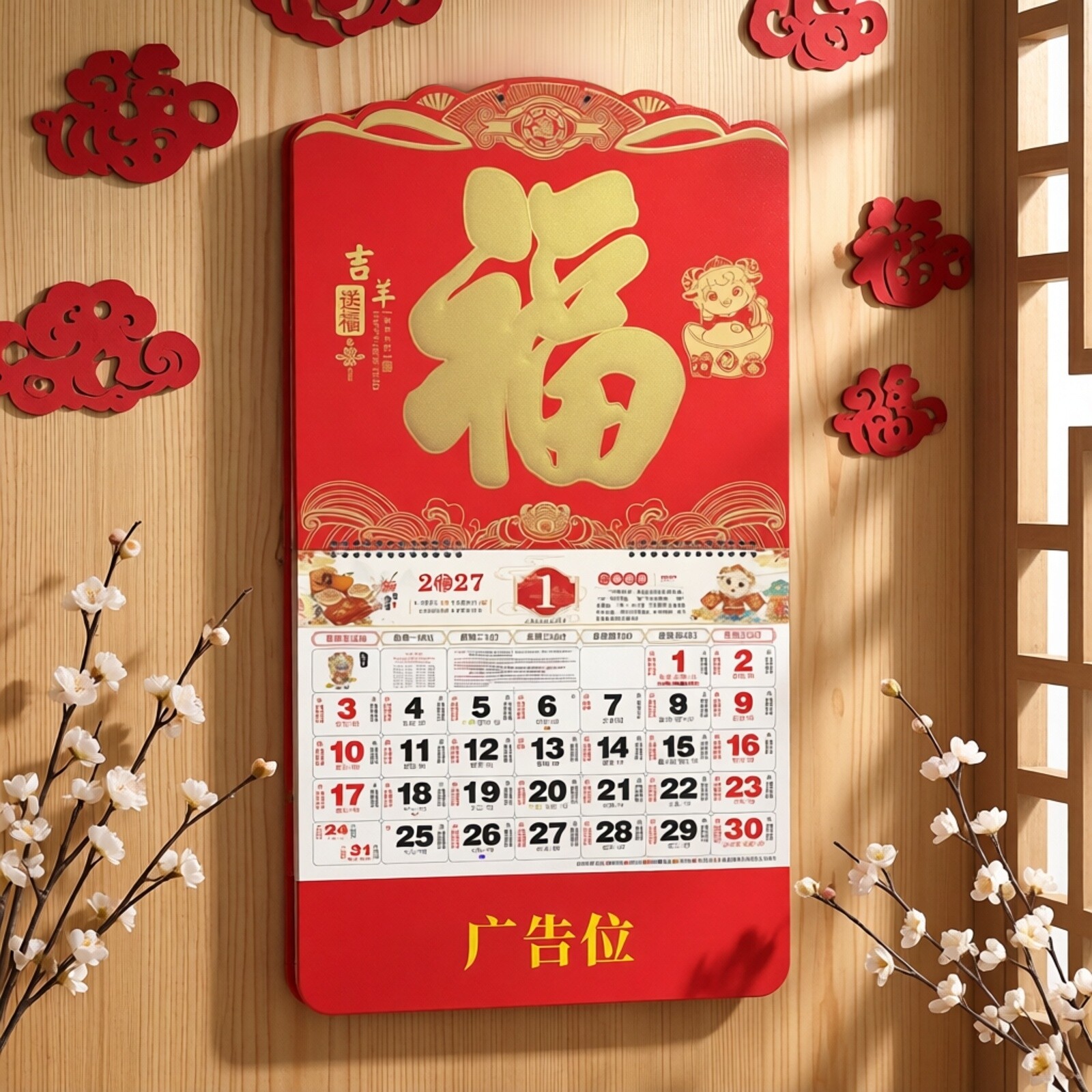 2027年羊年挂历卡通大号加厚福字月历定制中国红家用挂墙福牌黄历