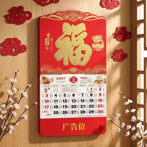 2027年羊年挂历卡通大号加厚福字月历定制中国红家用挂墙福牌黄历