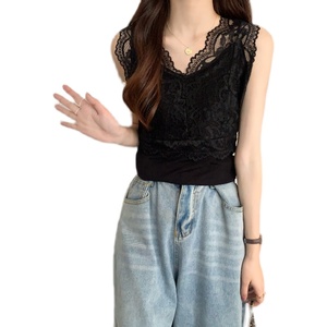 RM13951#大码夏季蕾丝拼接内搭吊带显瘦遮肚罗文纯色背心女