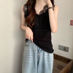 RM13951#大码夏季蕾丝拼接内搭吊带显瘦遮肚罗文纯色背心女