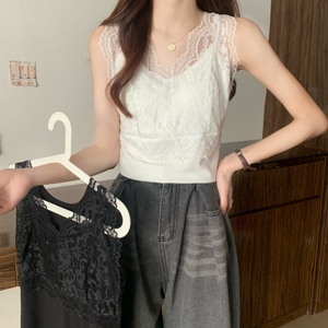 RM13951#大码夏季蕾丝拼接内搭吊带显瘦遮肚罗文纯色背心女