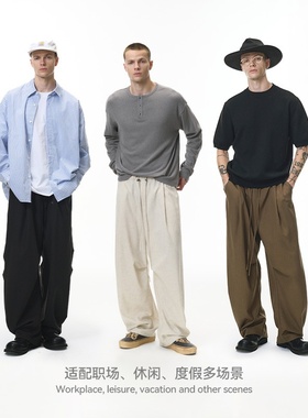 inflation亚麻阔腿裤25秋季新品潮牌美式宽松纯色男士老钱休闲裤