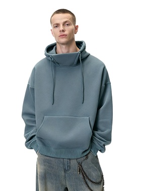 inflation 美式350g重磅加绒防风领卫衣春秋新品半高领连帽上衣男