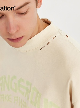 美式街头磨毛宽版小高领仿胶布印花T恤2026春夏新品潮牌短袖男款