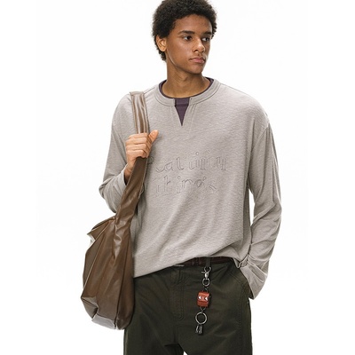 inflation美式复古假两件刺绣长T春秋新品潮牌V领拉领拼接长袖T恤