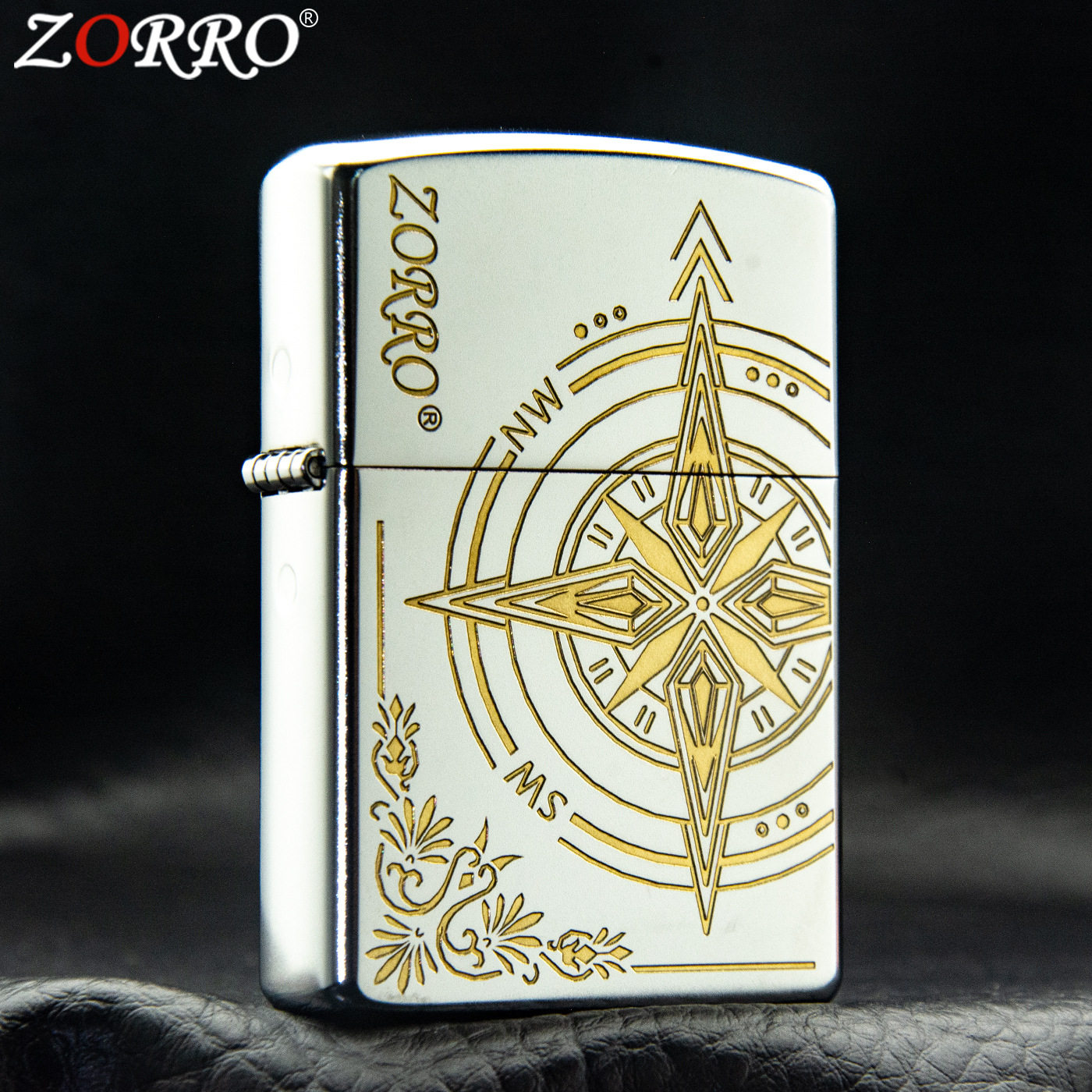 正品ZORRO佐罗亮铬双色爱情指南针煤油打火机精雕。