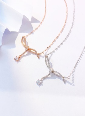 韩版时尚丝带蝴蝶结纯银项链女小众设计高级感百搭气质方糖锁骨链