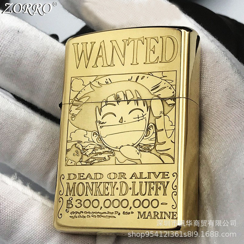 ZORRO佐罗海贼王路飞煤油打火机黄铜精雕翻盖动漫个性创意。