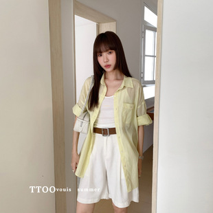 VOUIS夏季 中长款 TTOO 2178弹力打底吊带背心五分袖 棉麻衬衫 套装