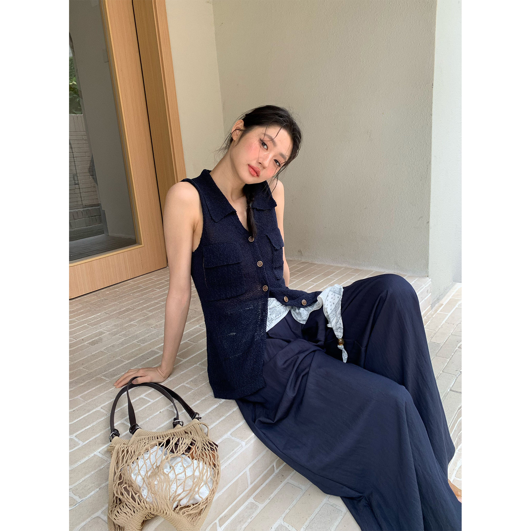 NEIHE内赫2025年polo领针织开衫女夏薄款无袖上衣高级感252708