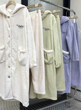 专柜同款佰伦世家睡衣女士珊瑚绒秋季长款连帽卡通家居服24R41320