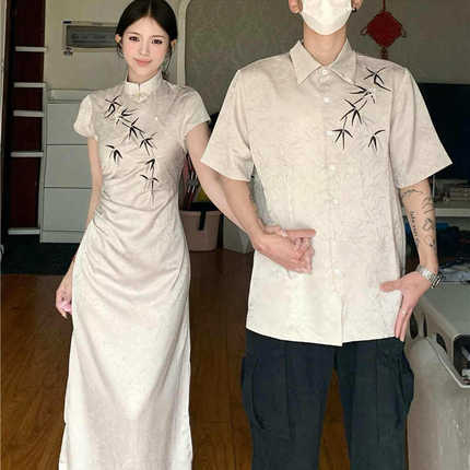 新中式情侣装国风夏季小众设计感短袖衬衫女旗袍连衣裙文艺范图案