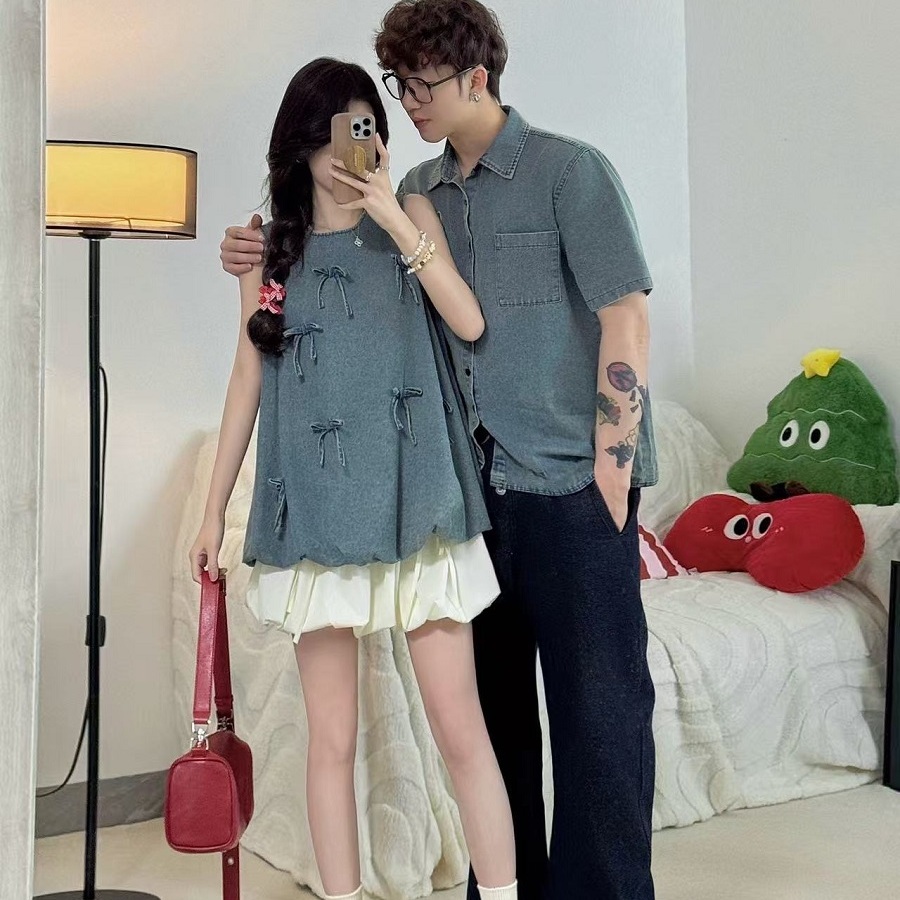 情侣夏小众设计立体蝴蝶结背心花苞裙牛仔衬衫男半身裙两件套潮