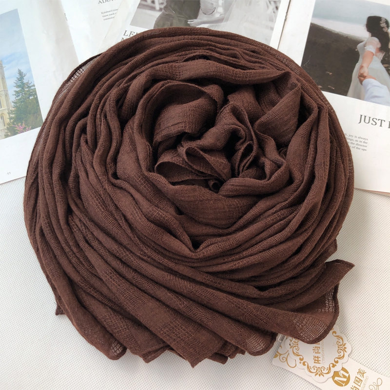 咖啡色棉麻围巾女秋冬季新款韩版百搭镂空大长款披肩保暖纯色丝巾