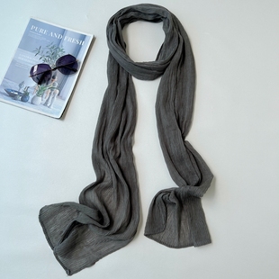 2025夏季新款棉麻围巾女士薄款百搭窄款细长条装饰护颈椎丝巾灰色
