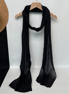 黑色围巾女薄款春秋季百搭窄细长条装饰超长款肌理褶皱棉麻丝巾夏