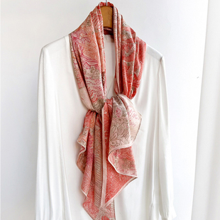 春夏季新款棉麻围巾女薄款韩版装饰窄细长条时尚印花领巾红色丝巾