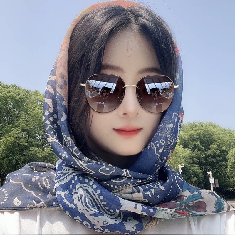 复古文艺大方巾丝巾女夏季旅游拍照防晒头巾时尚披肩遮阳围巾蓝色