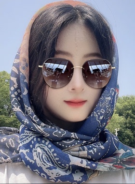 复古文艺大方巾丝巾女夏季旅游拍照防晒头巾时尚披肩遮阳围巾蓝色
