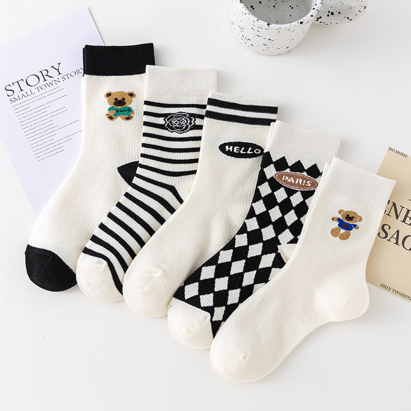 白色袜子女中筒袜春夏季百搭可爱日系条纹透气运动ins潮简约纯棉