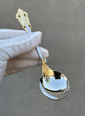 ve 18-10不锈钢儿童圆头勺子宝宝喝汤勺子镀金小勺圆头吃饭勺子