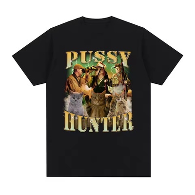 Pussy Hunter Funny Meme Cat 创意搞笑猫咪图案短袖T恤男女上衣