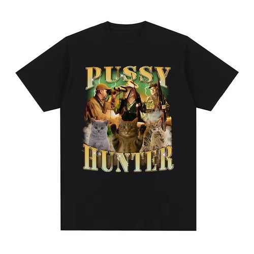 Pussy Hunter Funny Meme Cat 创意搞笑猫咪图案短袖T恤男女上衣
