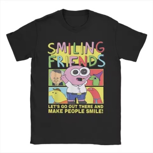 漫画微笑的朋友欢乐花朵短袖T恤男式夏季卡通纯棉圆领上衣学生TEE