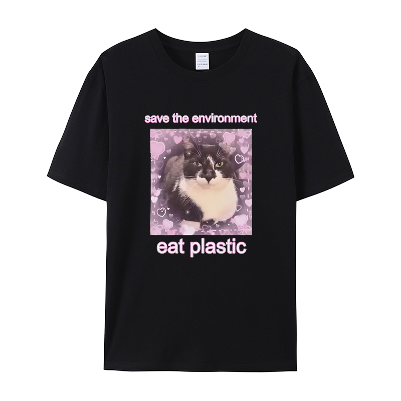 外贸热卖拯救环境吃塑料可爱的猫图案有趣的T恤男女服装短袖棉Tee