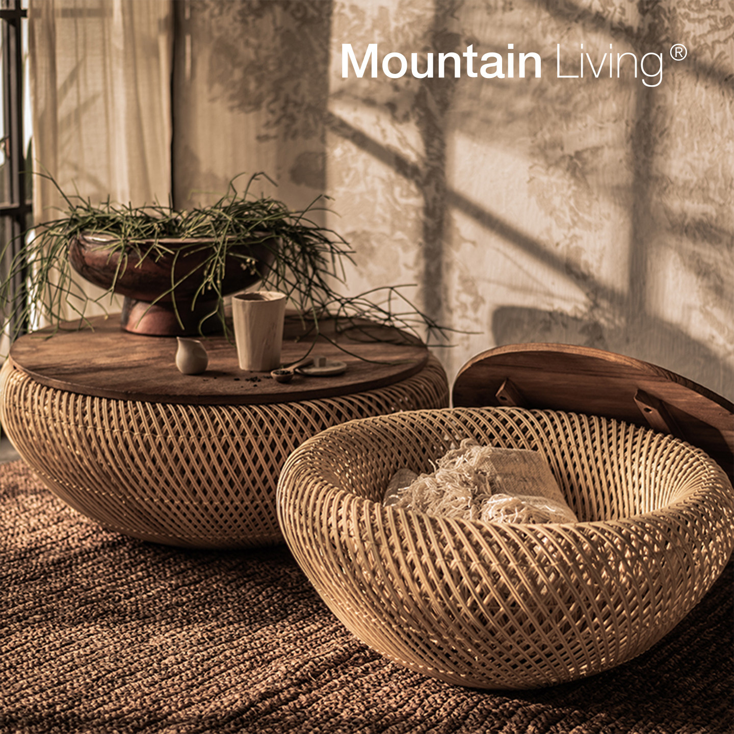 MountainLiving进口老柚木家具编织茶几客厅家用实木圆形茶桌中古