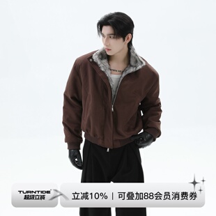TURNTIDE 美式复古座山雕毛领棉服男加绒宽松短款棉衣bomber外套