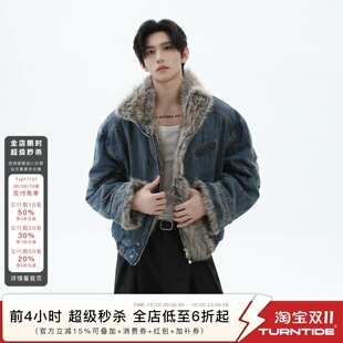 TURNTIDE 复古解构座山雕毛领牛仔棉服外套加绒保暖宽松短款夹克