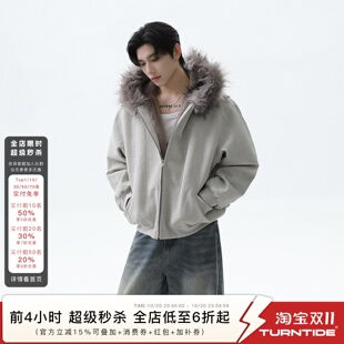 TURNTIDE仿狐狸毛重磅座山雕毛领连帽棉服男加绒加厚宽松短款外套