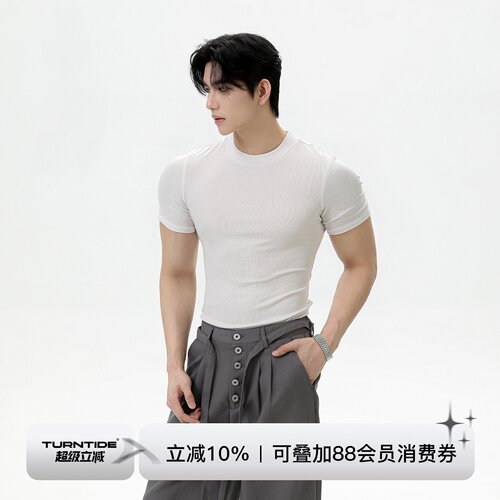 TURNTIDE「天丝莱赛尔醋酸」竖条正肩slimfit短袖健身显壮运动T恤