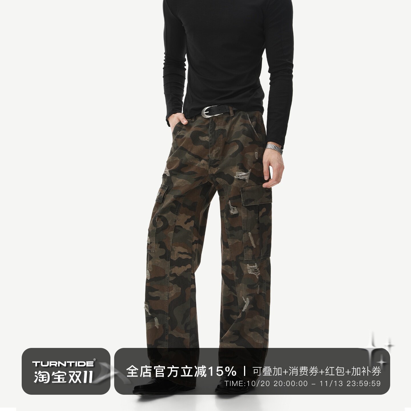 TURNTIDE 美式复古Vintage做旧迷彩工装裤男破洞多口袋直筒休闲裤