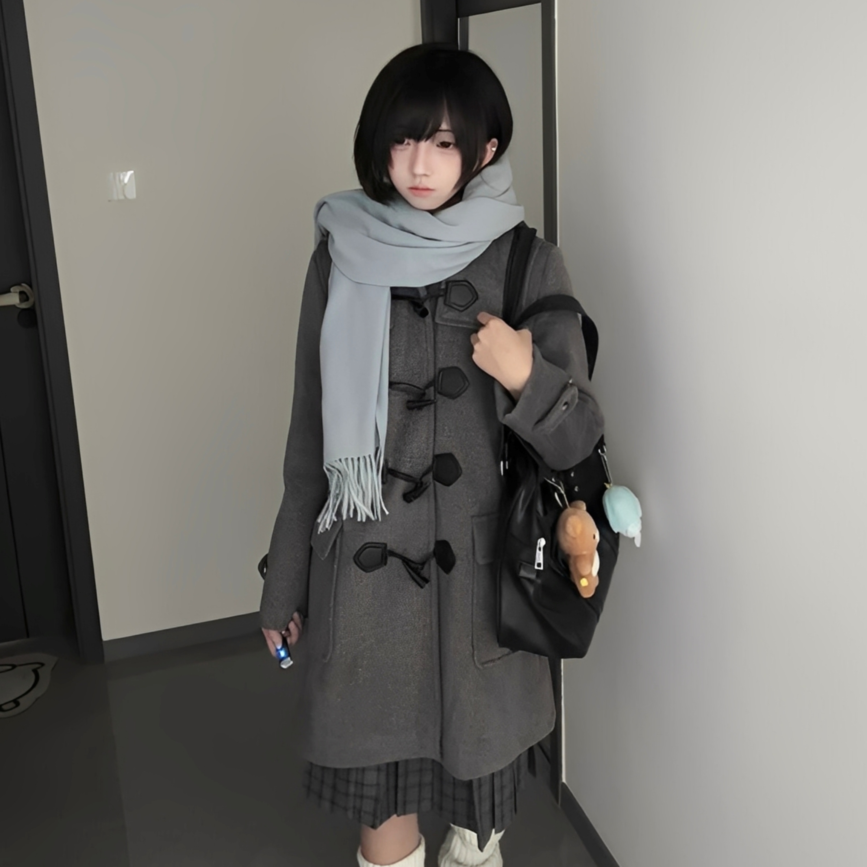 jk牛角扣毛呢子大衣女日系学院风小个子中长款连帽制服外套冬季