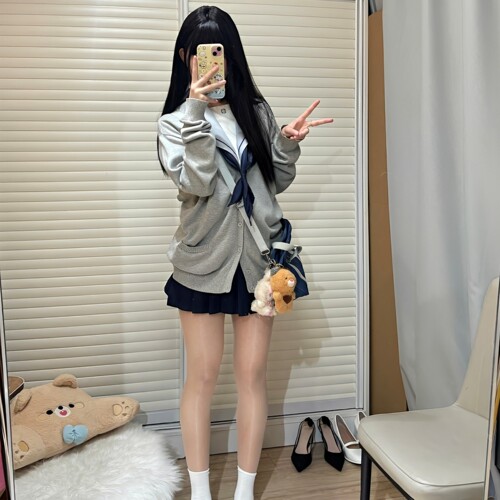 早秋JK制服开衫毛衣女日系学院风V领长袖灰色百外搭针织上衣外套