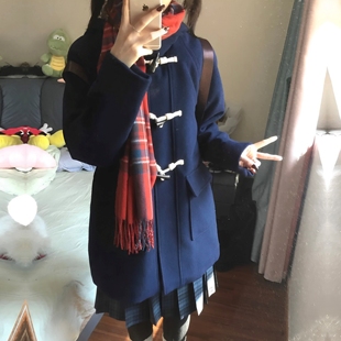 冬季新款JK制服牛角扣大衣女日系学院风小个子中长款毛呢外套加厚