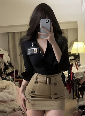 辣妹jk制服黑色收腰衬衫女秋季纯欲修身显瘦上衣半身包臀裙两件套