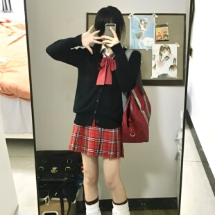 【小莓】半袋麻豆原创正版JK制服春秋日系红色格裙短裙毛衣套装女