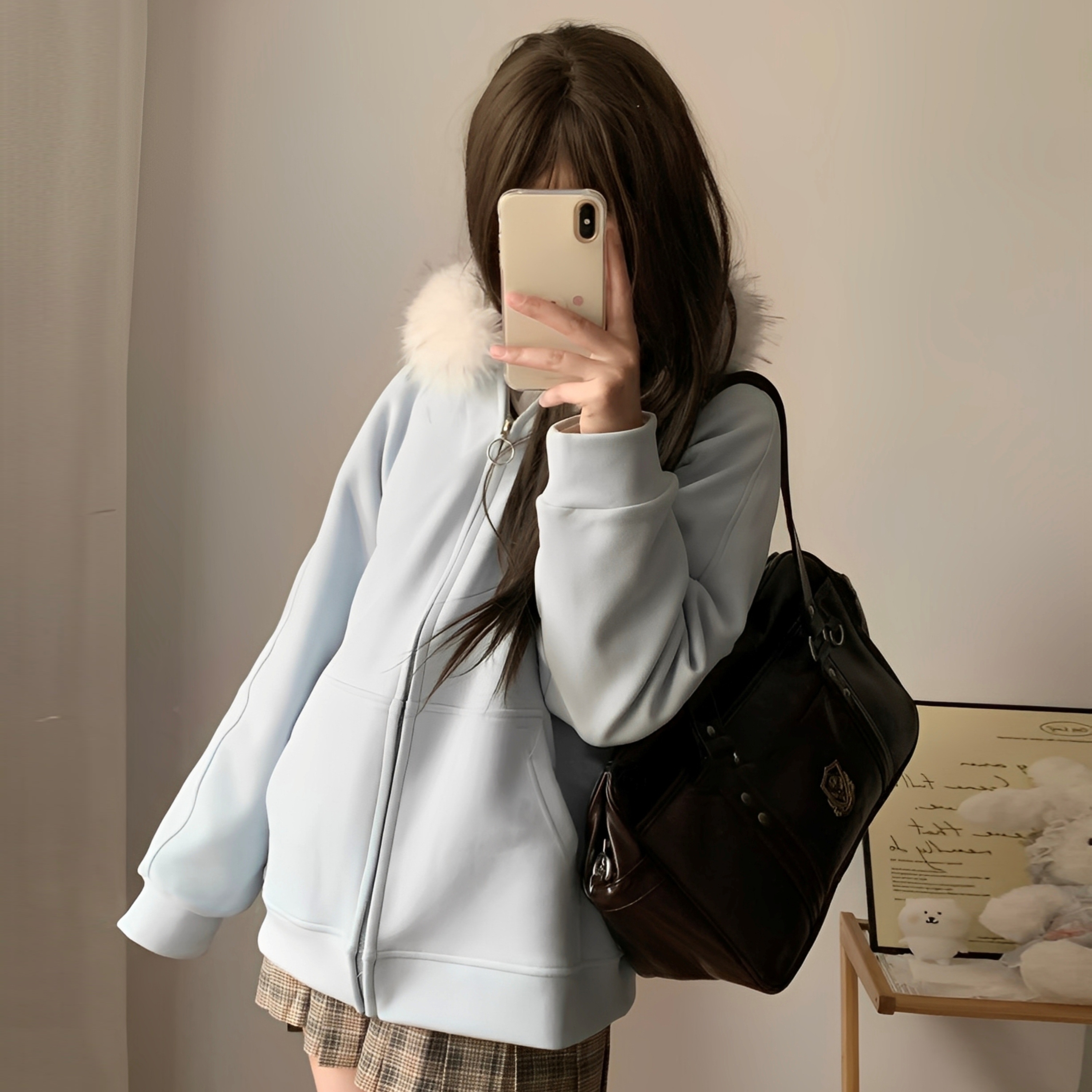 原创jk制服连帽卫衣女日系学院风百搭开衫可拆卸毛领宽松多色外套