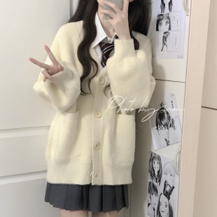 秋冬jk制服毛茸茸开衫 毛衣女日系学院慵懒风宽松小个子毛绒绒外套