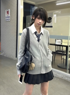 春秋JK制服针织开衫毛衣女日系学院风V领长袖灰色百外搭上衣外套