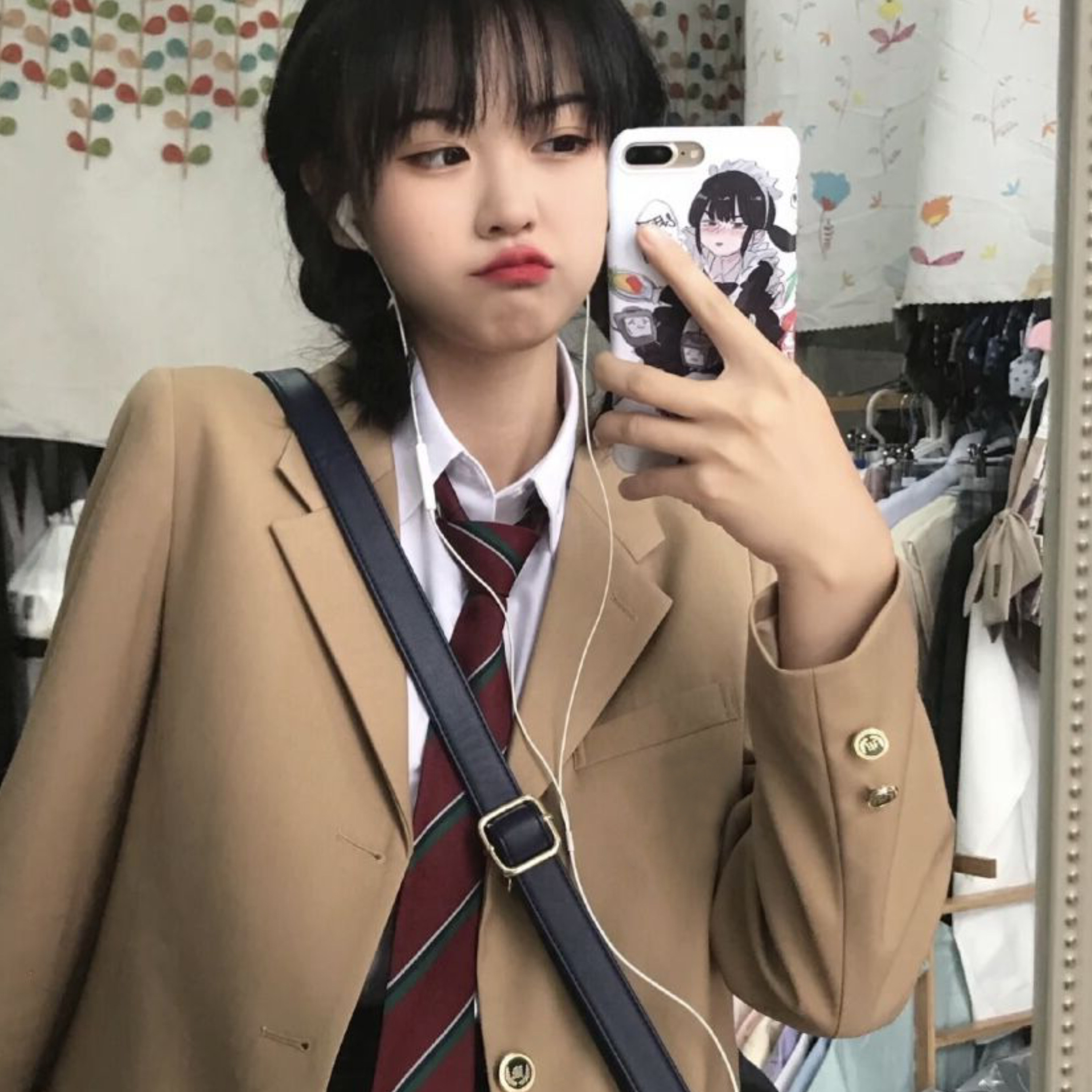 半袋麻豆原创jk西服外套女日制校供感徽章制服春秋学院风驼色西装