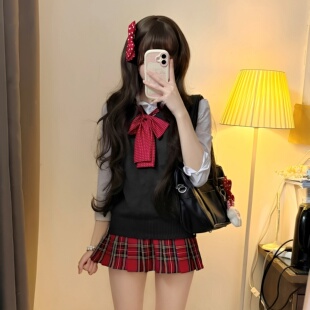 小辣椒jk制服原创正版红色格裙女春秋日系百褶裙半身短裙毛衣套装